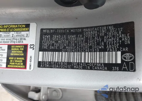 2012 Toyota Corolla Le z USA, uszkodzony, nr VIN 2T1BU4EE5CC861919